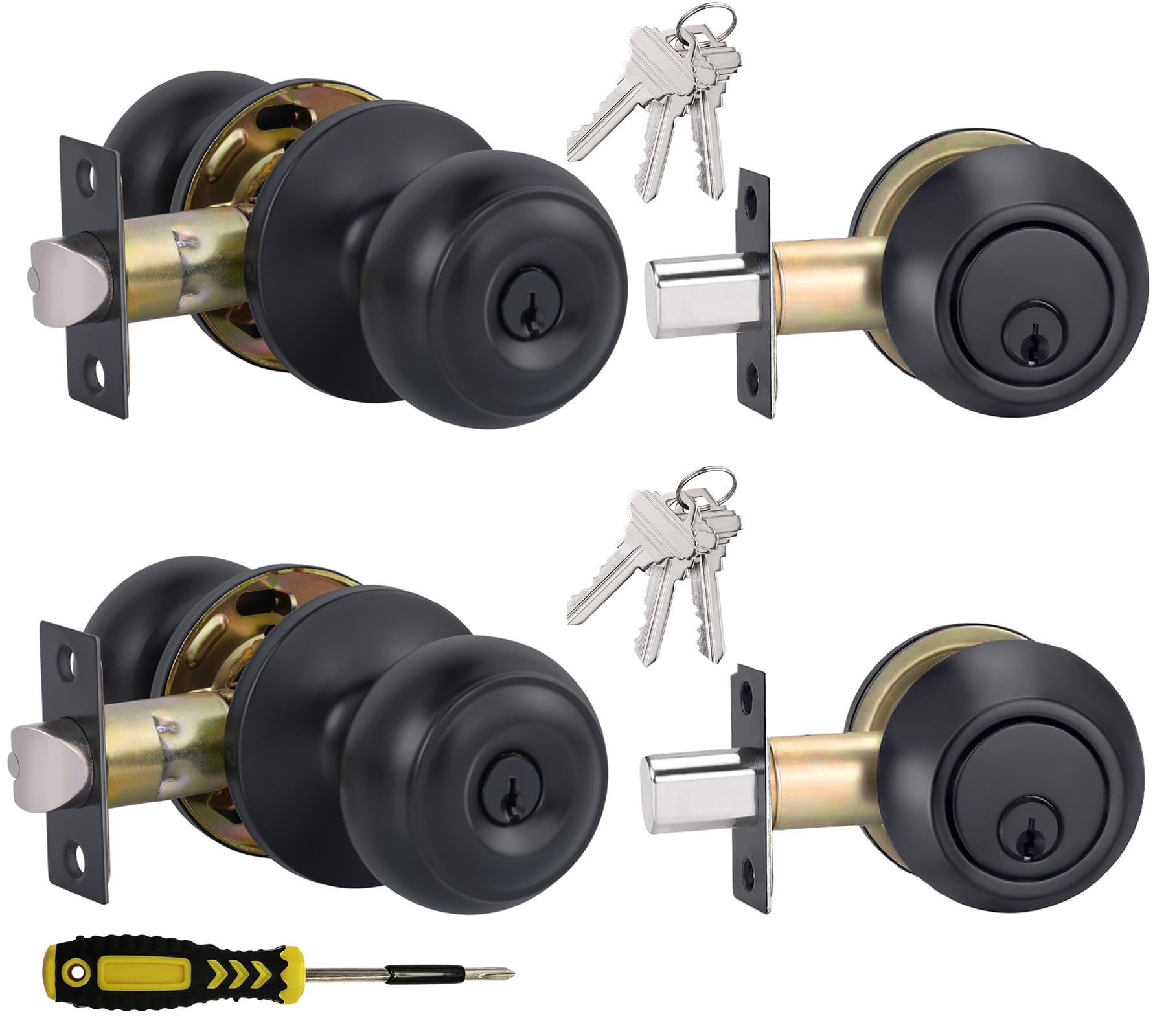 2 Sets All Keyed Alike Entry Door Knobs and Single Cylinder